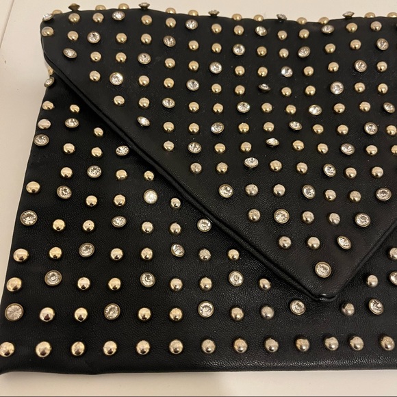 RHINESTONE + STUD BLACK LEATHER OVERSIZE CLUTCH - Picture 3 of 8